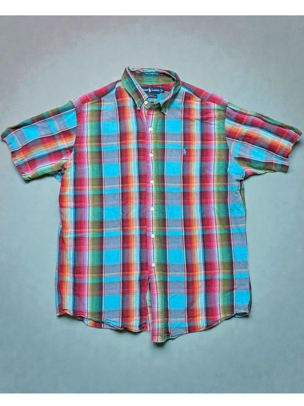 Vintage Ralph Lauren Linen Shirt Plaid Button Down Short Sleeve L Large